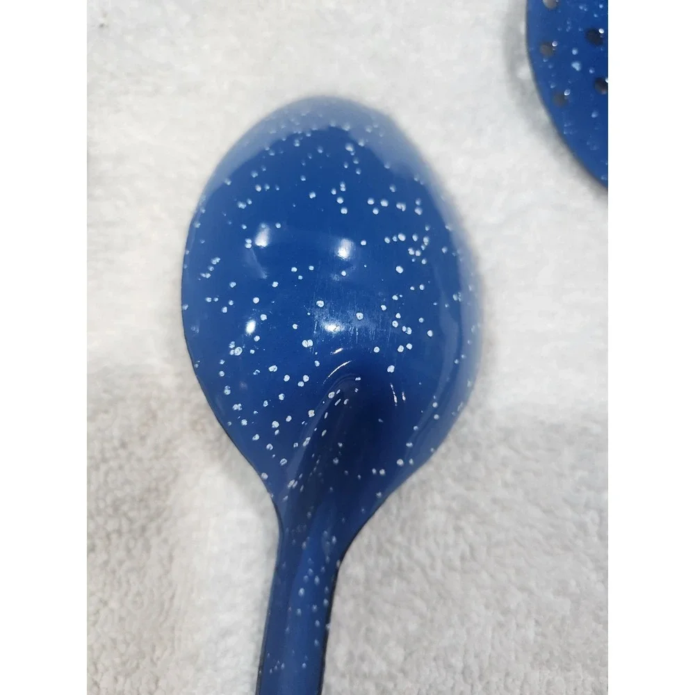 Vintage~Enamel lot~chuckwagon~blue metal splatterware~Skimmer~ Ladle~2 Spoons
